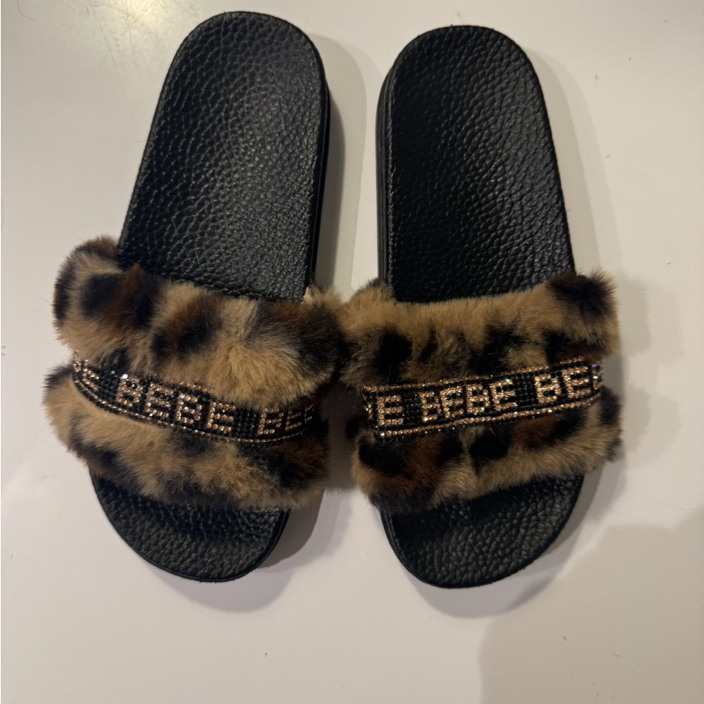 Bebe Fluffy Fur Leopard Slides Girls